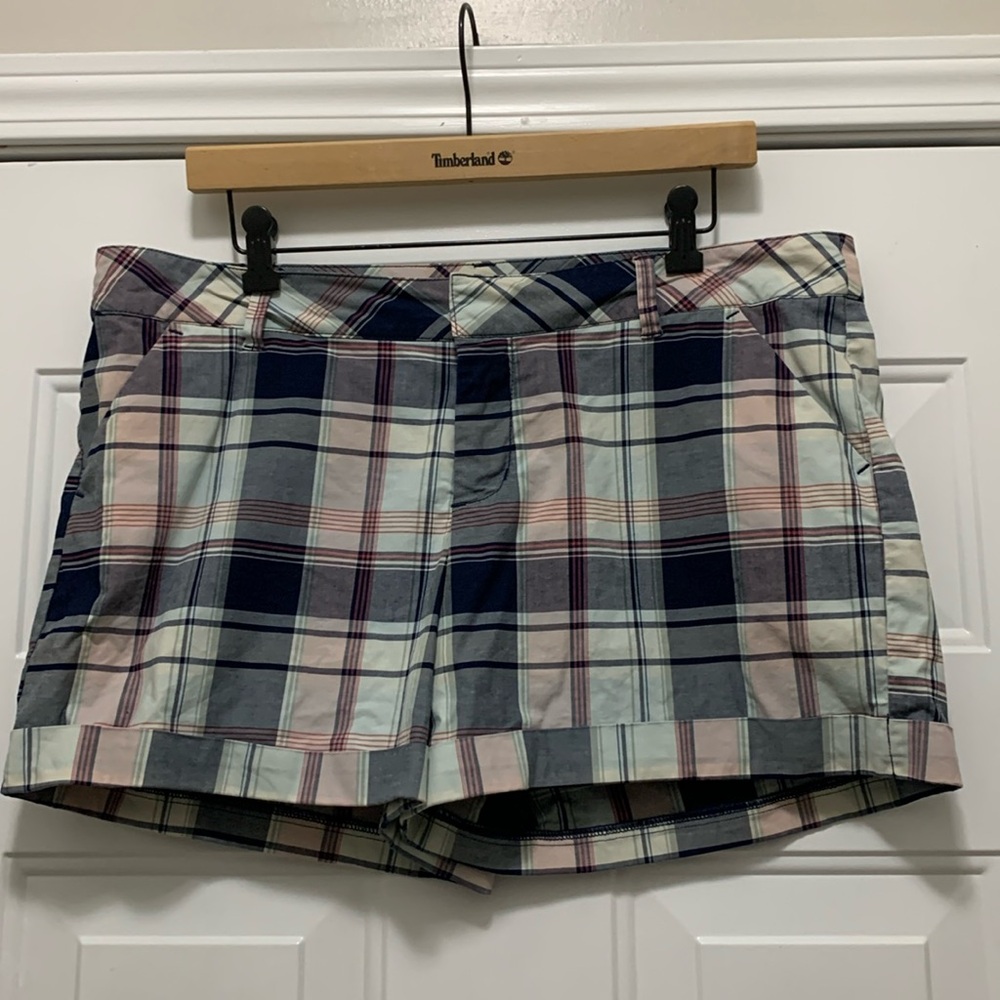 3/$15 Maurices cotton size 15/16 plaid navy/pink/mint green cuffed shorts